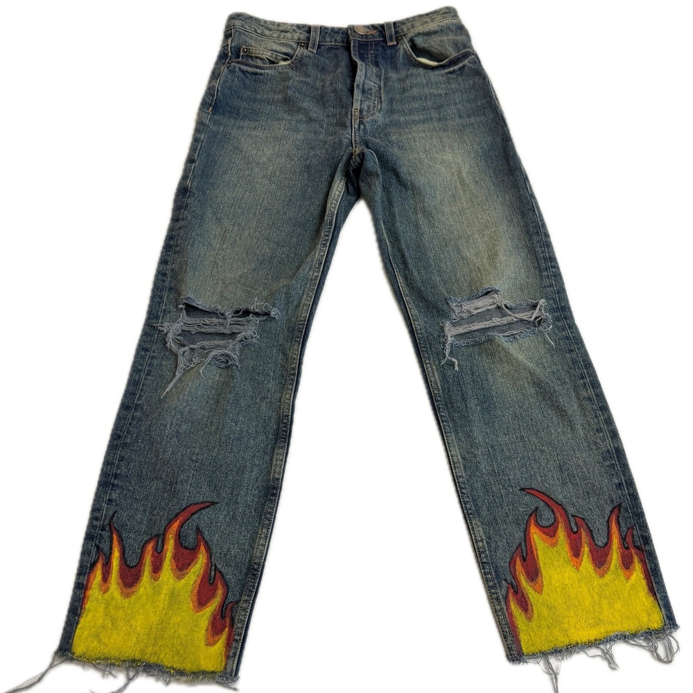 ASOS Jeans‎ Womens 26 Blue Denim Flame Bunny Distressed Painted Grunge Y2K